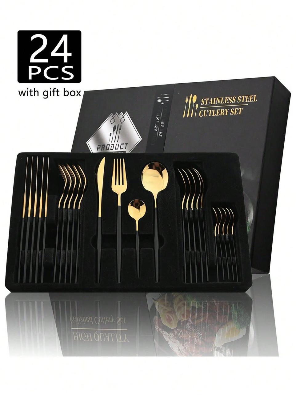 Conjunto de talheres dourados com cabo preto- 24 Peças